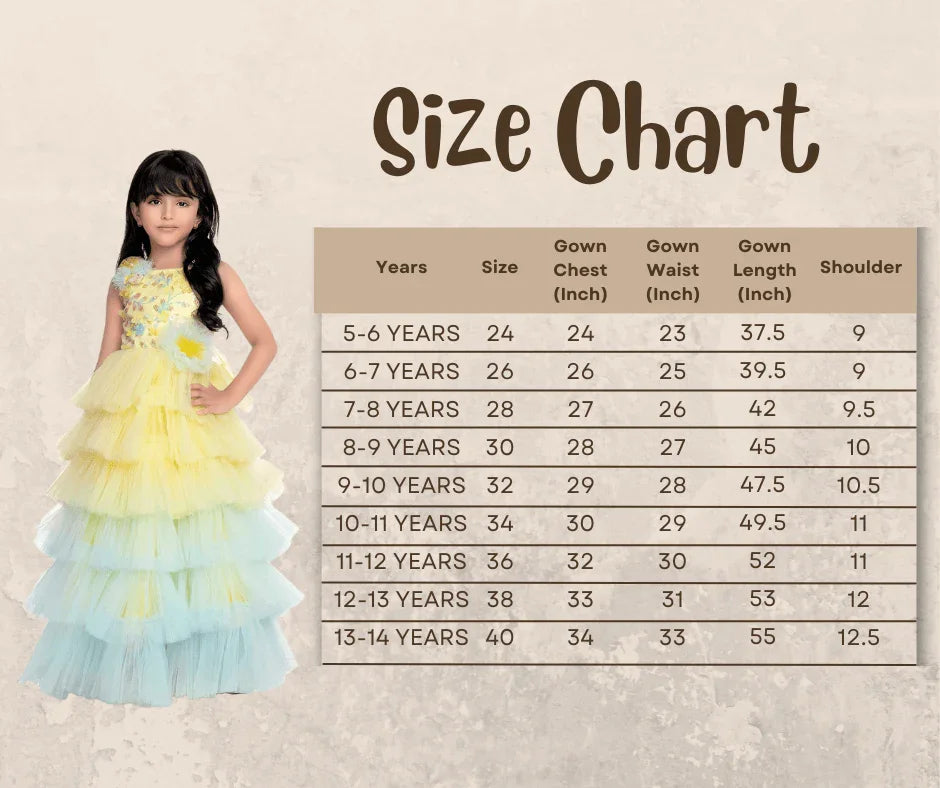 Lemon Coloured Trendy Frill Style Gowns For Girls / Imported Gown For Girls / 6 Frills / Birthday Dress - Betty Ethnic India - Gown - Betty Girls Wear Online