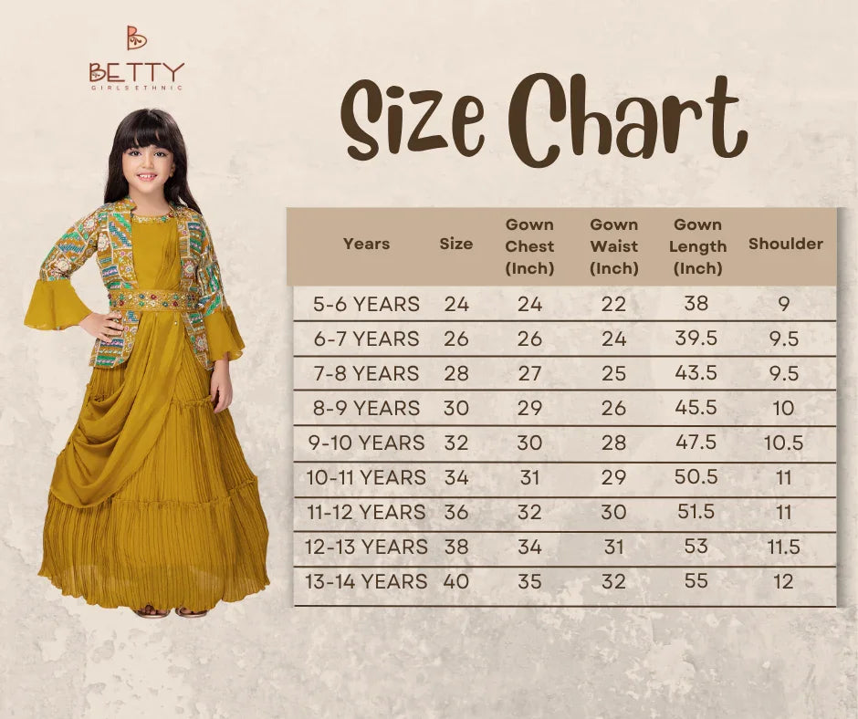 Mustard Gown Set with Embroidered Jacket & Belt – Girls' Ethnic Fusion Outfit