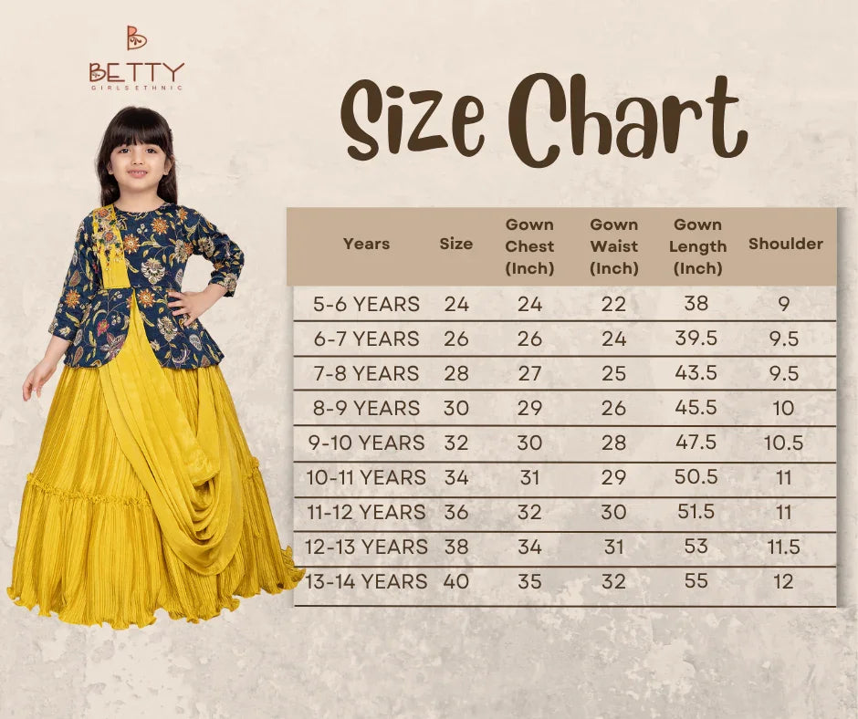 Yellow & Navy Embroidered Gown with Draped Dupatta – Girls' Indo-Western Ethnic Dress