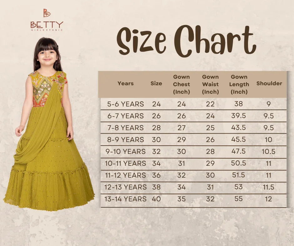 Betty Olive Green Floral Embroidered Gown with Draped Shoulder – Girls’ Festive Flare Dress