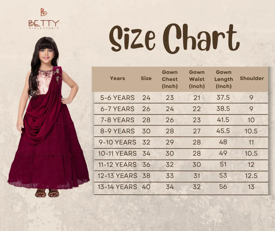 Wine Draped Shoulder Gown for Girls – Sleeveless Party & Festive Dress