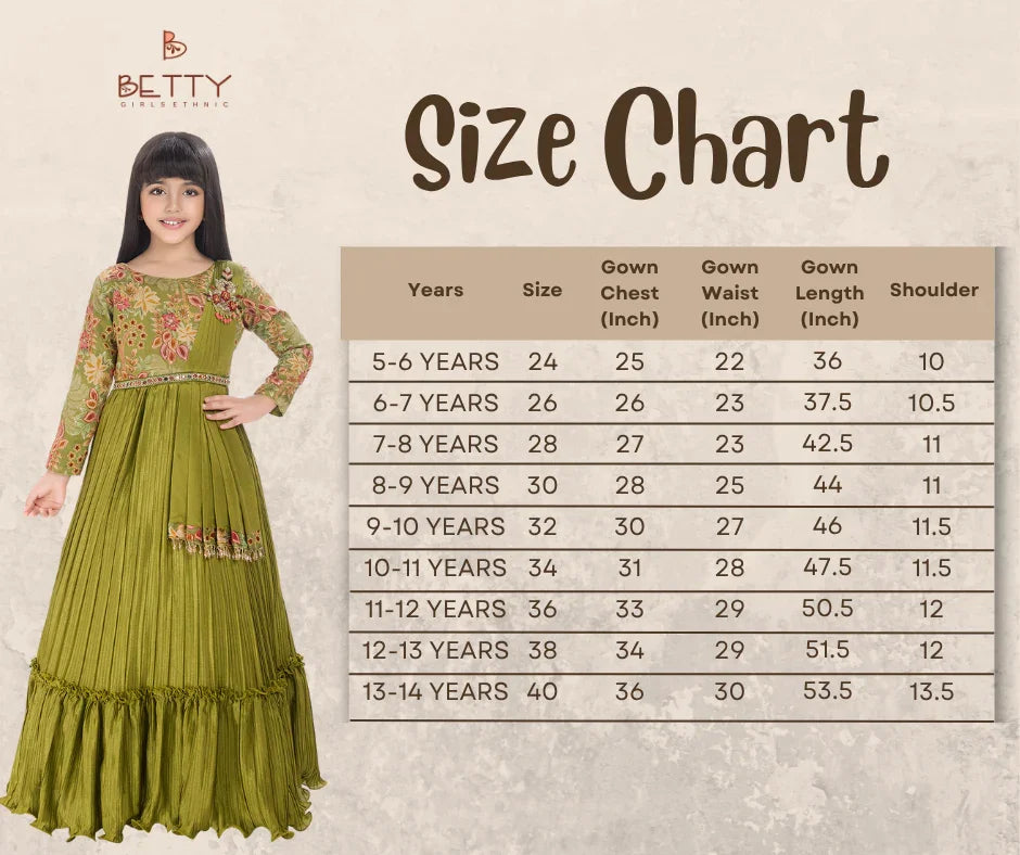 Green Printed Fit & Flare Gown with Long Sleeves – Girls Premium Ethnic Dress