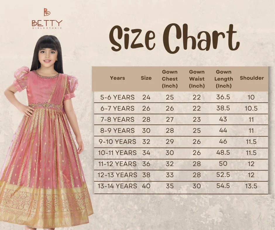Carrot Ethnic Silk Flared Gown with Puff Sleeves – Festive Wear for Girls