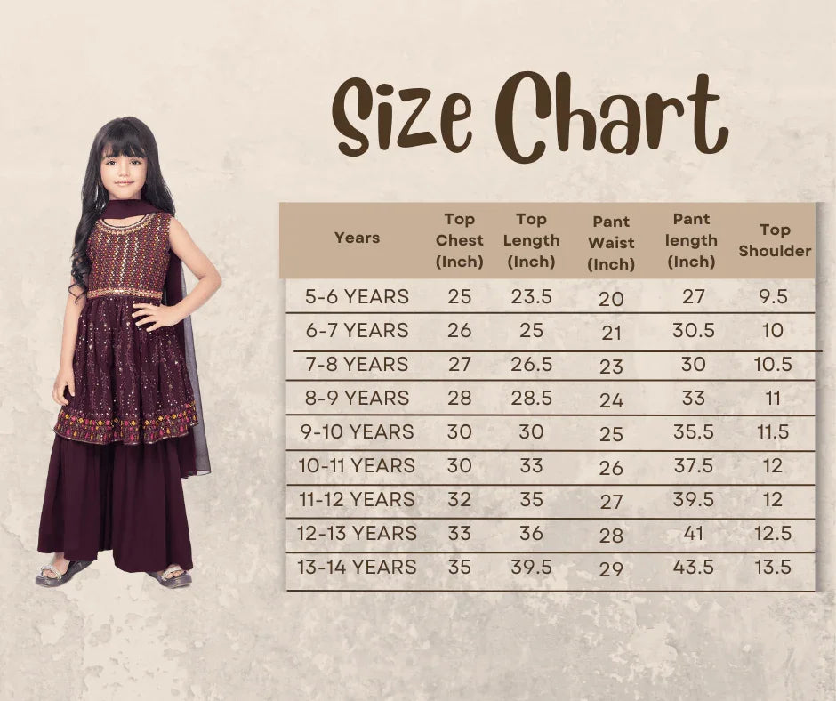 Wine Coloured Embroidered Kurta with Palazzo and Dupatta \Fancy Gharara And Sharara For Girls Online / Palazzo Sets - Betty Ethnic India - Gharara / Sharara Set - Betty Girls Wear Online