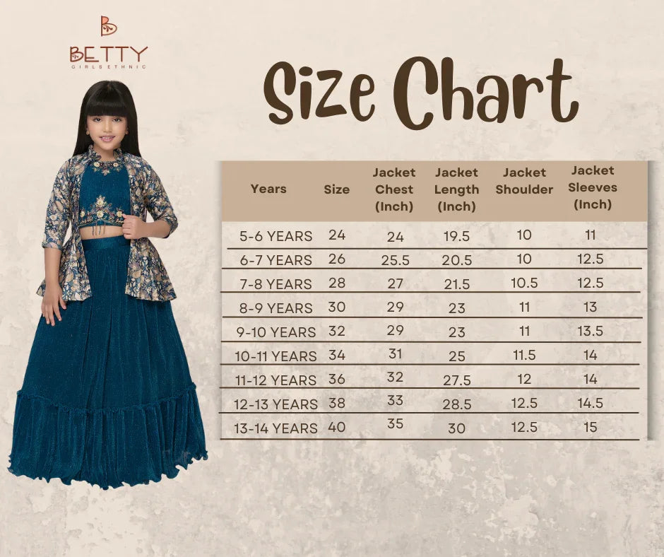 Betty Powder Blue Embroidered Girls' Lehenga Choli Set with Jacket – Ready to Wear (5–15 Years)