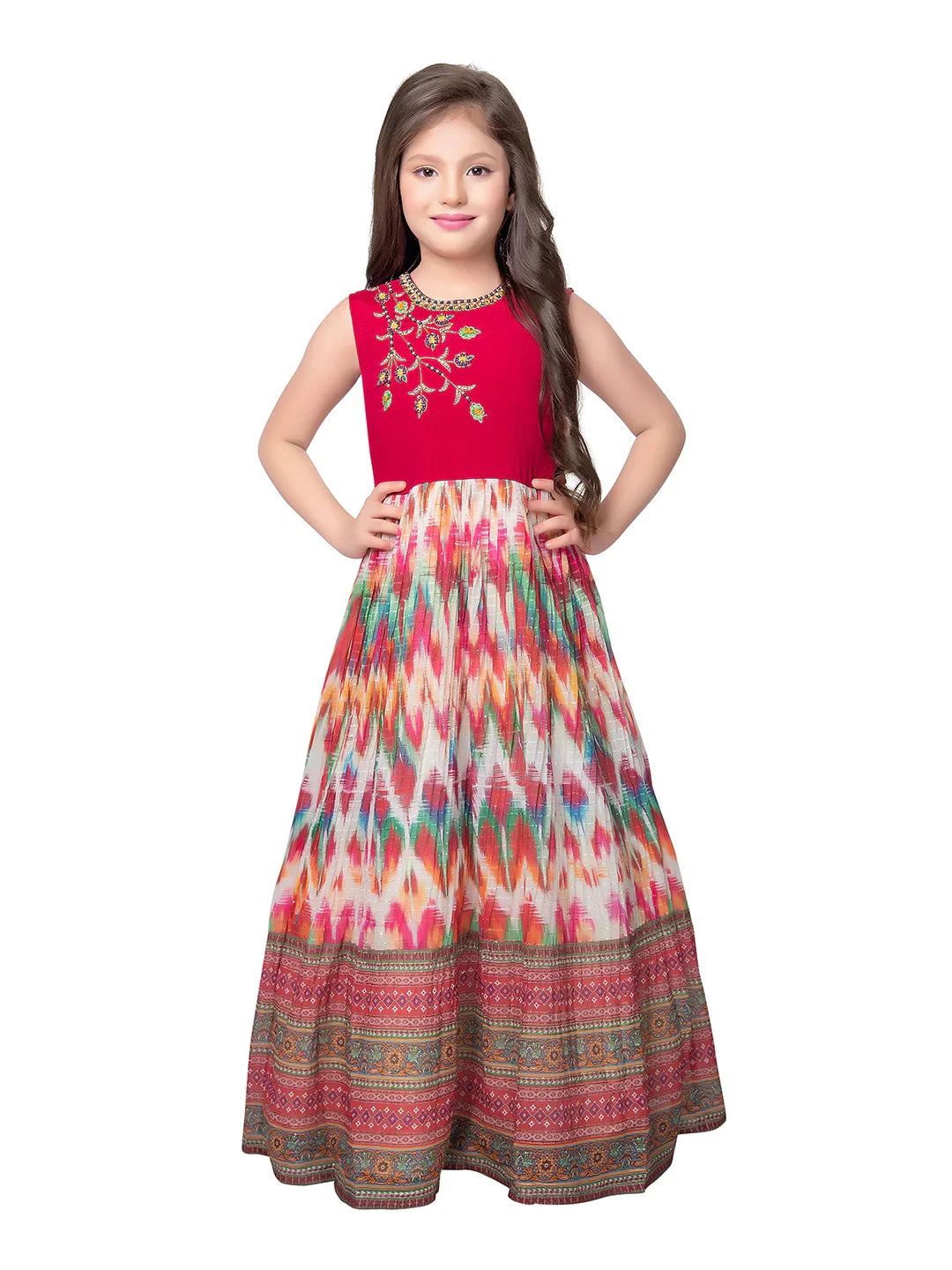 Tomato Coloured Clean Embroidery Printed Fabric Style Gown For Girls - Betty Ethnic India - Gown - Betty Girls Wear Online