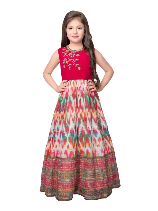 Tomato Coloured Clean Embroidery Printed Fabric Style Gown For Girls - Betty Ethnic India - Gown - Betty Girls Wear Online