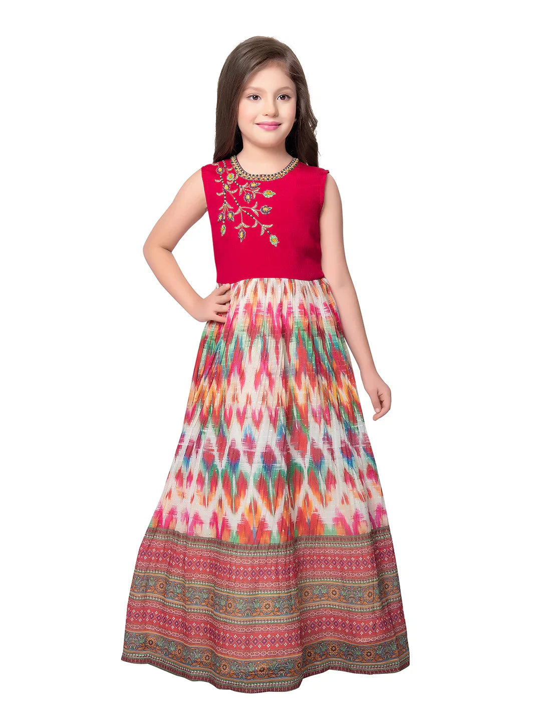 Tomato Coloured Clean Embroidery Printed Fabric Style Gown For Girls - Betty Ethnic India - Gown - Betty Girls Wear Online
