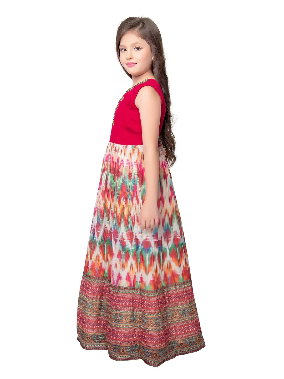 Tomato Coloured Clean Embroidery Printed Fabric Style Gown For Girls - Betty Ethnic India - Gown - Betty Girls Wear Online