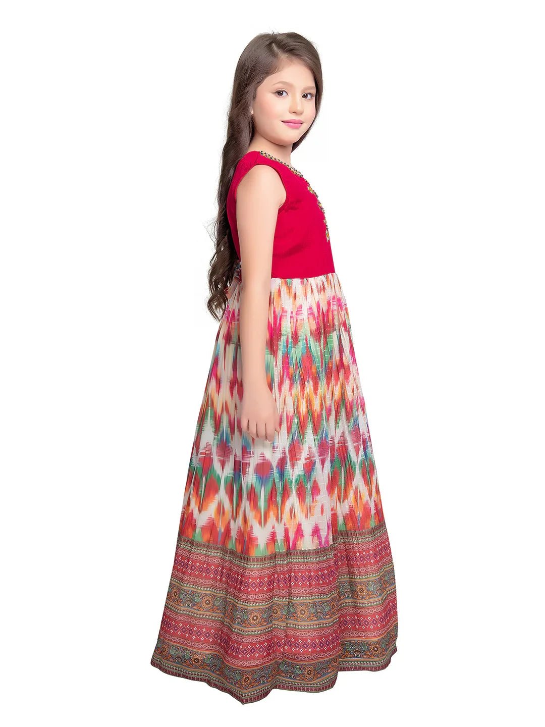 Tomato Coloured Clean Embroidery Printed Fabric Style Gown For Girls - Betty Ethnic India - Gown - Betty Girls Wear Online