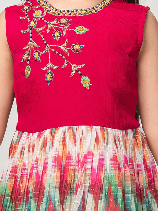 Tomato Coloured Clean Embroidery Printed Fabric Style Gown For Girls - Betty Ethnic India - Gown - Betty Girls Wear Online