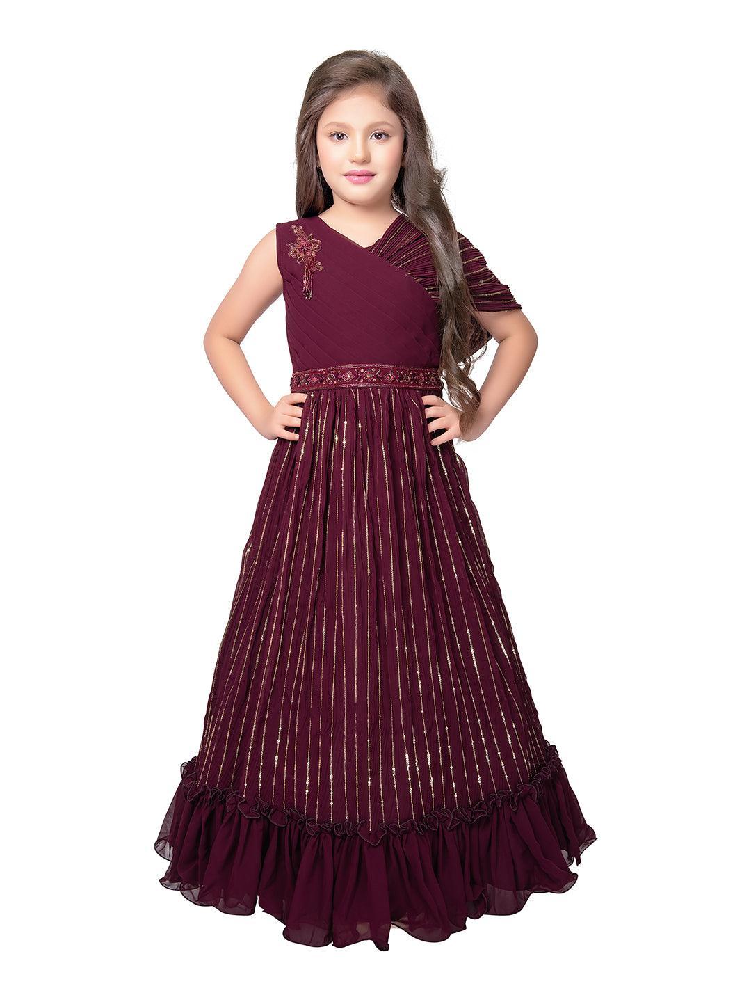 Wine Coloured Unique Cape Style Sleeves Pattern Gown For Girls - Betty Ethnic India - Gown - Betty Girls Wear Online
