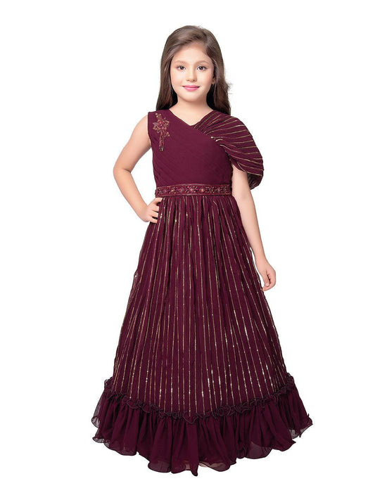 Wine Coloured Unique Cape Style Sleeves Pattern Gown For Girls - Betty Ethnic India - Gown - Betty Girls Wear Online