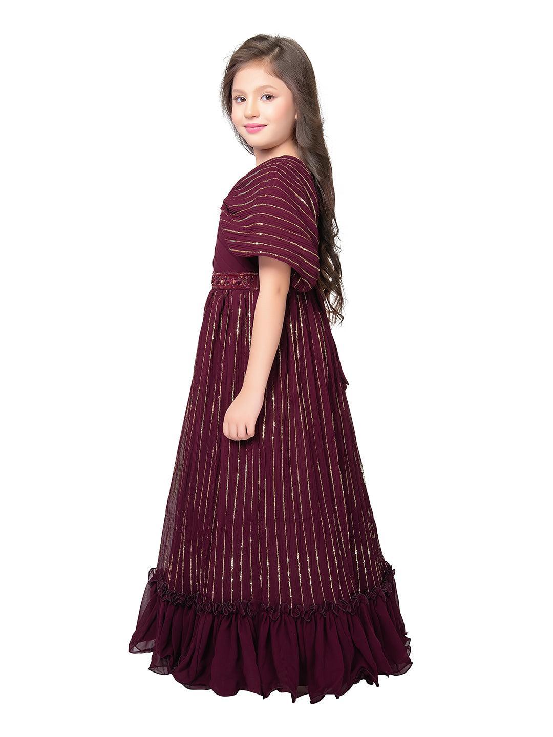 Wine Coloured Unique Cape Style Sleeves Pattern Gown For Girls - Betty Ethnic India - Gown - Betty Girls Wear Online
