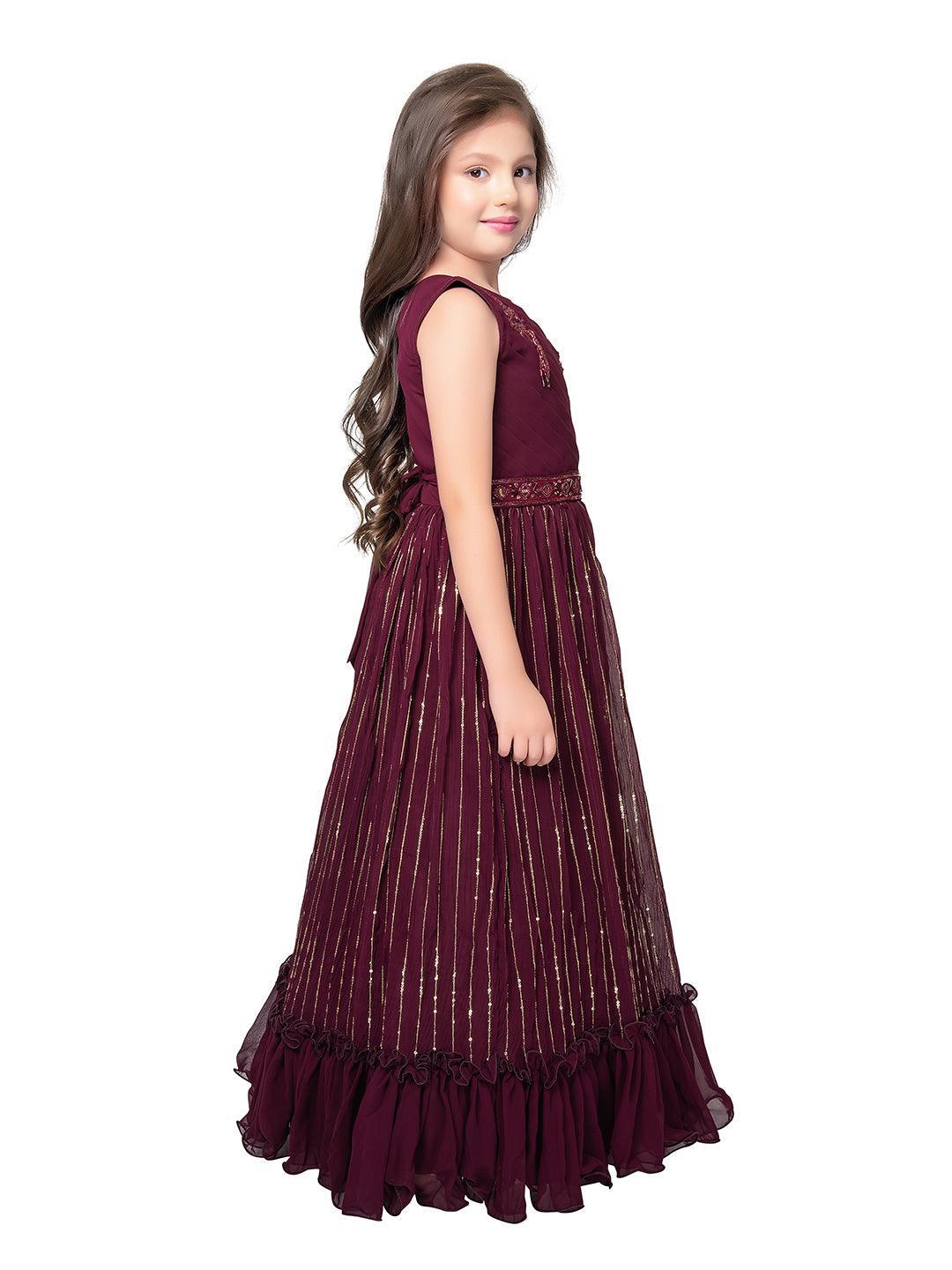Wine Coloured Unique Cape Style Sleeves Pattern Gown For Girls - Betty Ethnic India - Gown - Betty Girls Wear Online