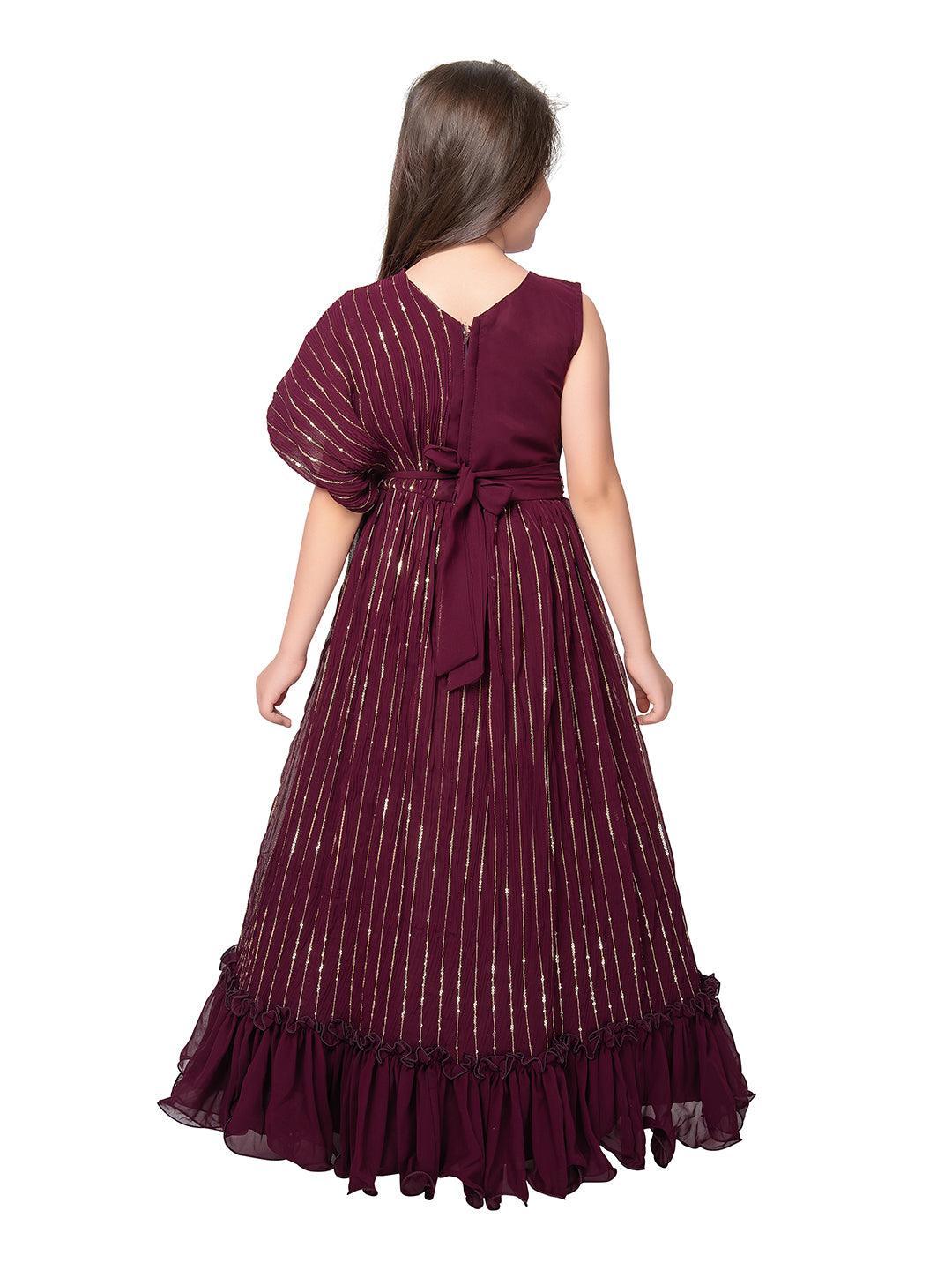 Wine Coloured Unique Cape Style Sleeves Pattern Gown For Girls - Betty Ethnic India - Gown - Betty Girls Wear Online