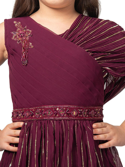 Wine Coloured Unique Cape Style Sleeves Pattern Gown For Girls - Betty Ethnic India - Gown - Betty Girls Wear Online