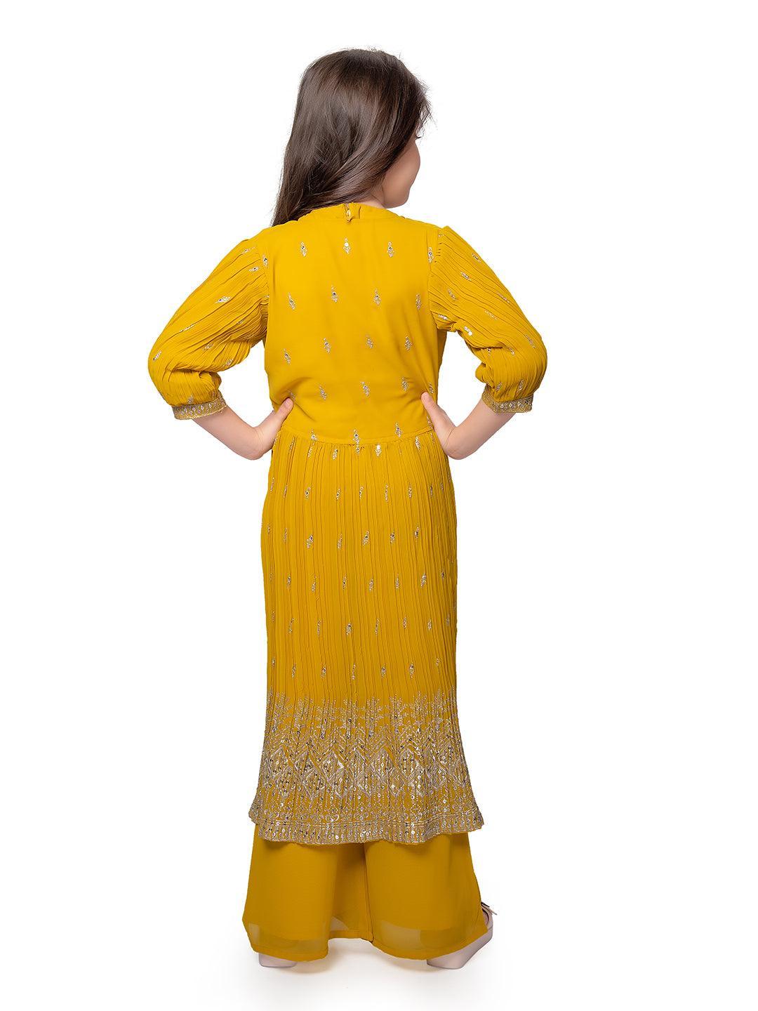 Yellow Embroidered Top with Embroidery Design, Paired with Solid Palazzos and a Stylish Jacket For Girls - Betty Ethnic India - Gharara / Sharara Set - Betty Girls Wear Online