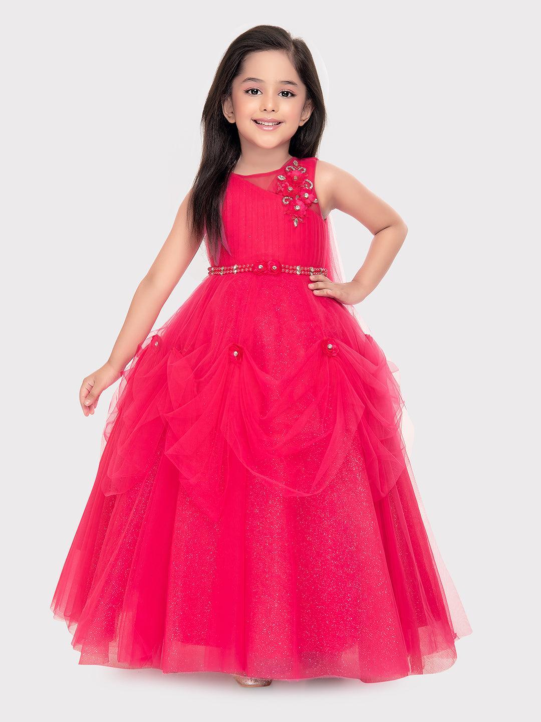 Rani Coloured Imported Net Gown For Girls \ Ball Gown For Girls \ Birthday Dress For Girls - Betty Ethnic India - Gown - Betty Girls Wear Online