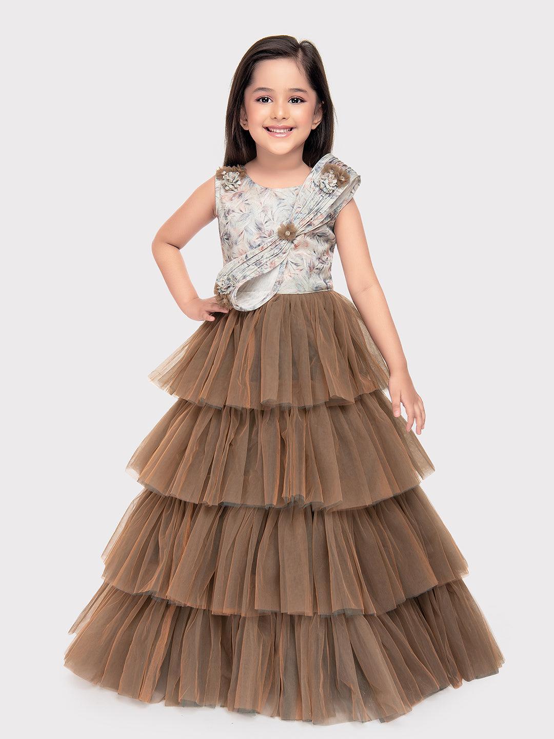 Biscuit Coloured Imported Net Gown For Girls\ Fancy Style Bow Concept Gown For Girls - Betty Ethnic India - Gown - Betty Girls Wear Online