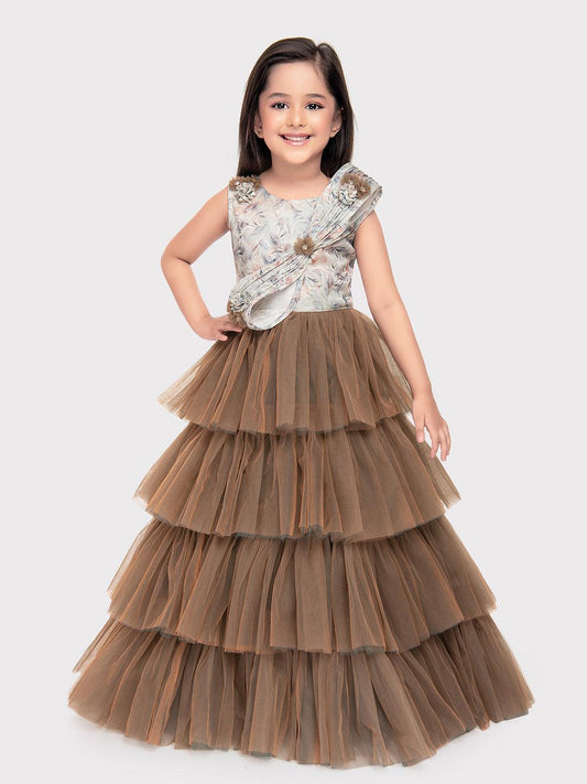 Biscuit Coloured Imported Net Gown For Girls\ Fancy Style Bow Concept Gown For Girls - Betty Ethnic India - Gown - Betty Girls Wear Online