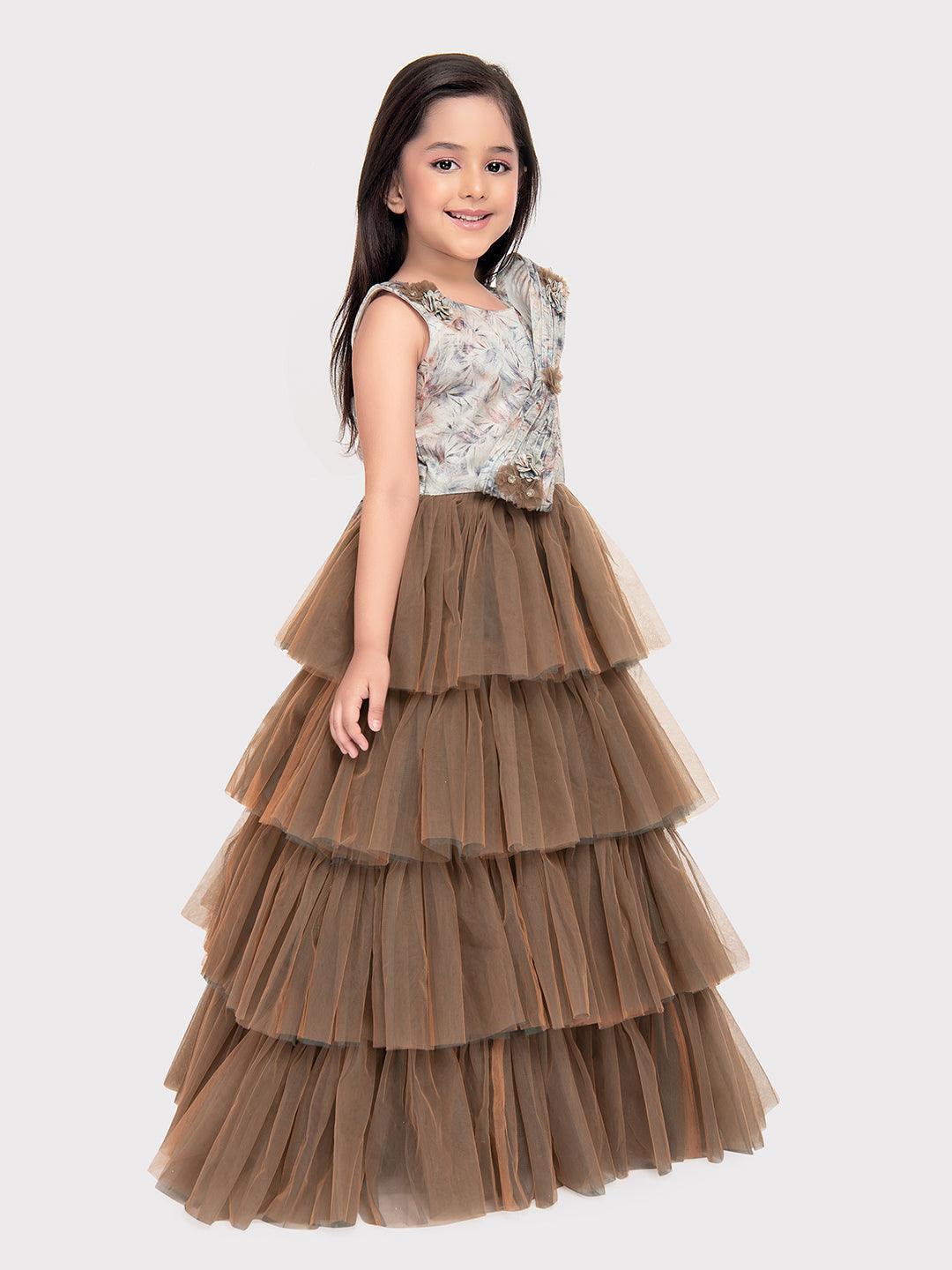 Biscuit Coloured Imported Net Gown For Girls\ Fancy Style Bow Concept Gown For Girls - Betty Ethnic India - Gown - Betty Girls Wear Online