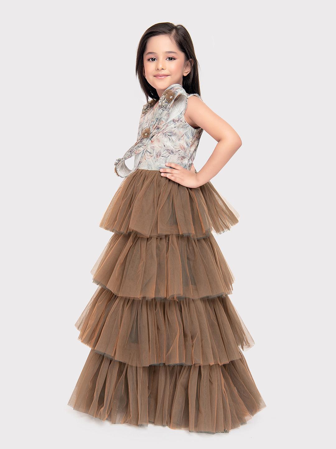 Biscuit Coloured Imported Net Gown For Girls\ Fancy Style Bow Concept Gown For Girls - Betty Ethnic India - Gown - Betty Girls Wear Online