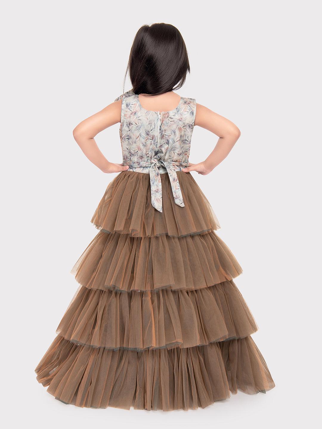 Biscuit Coloured Imported Net Gown For Girls\ Fancy Style Bow Concept Gown For Girls - Betty Ethnic India - Gown - Betty Girls Wear Online