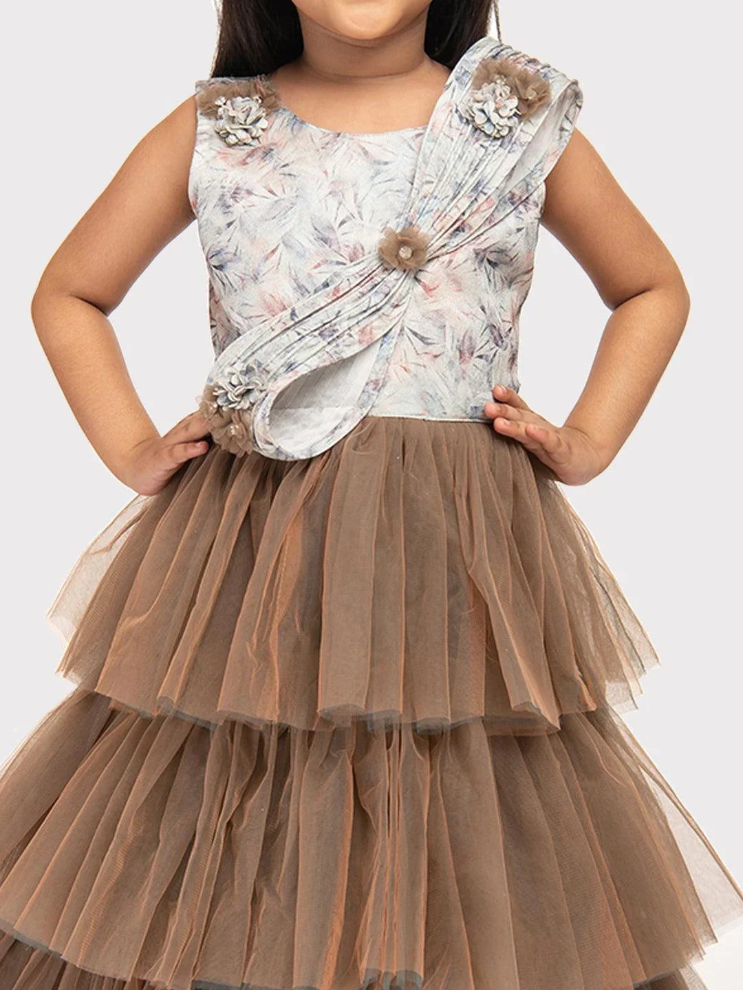 Biscuit Coloured Imported Net Gown For Girls\ Fancy Style Bow Concept Gown For Girls - Betty Ethnic India - Gown - Betty Girls Wear Online