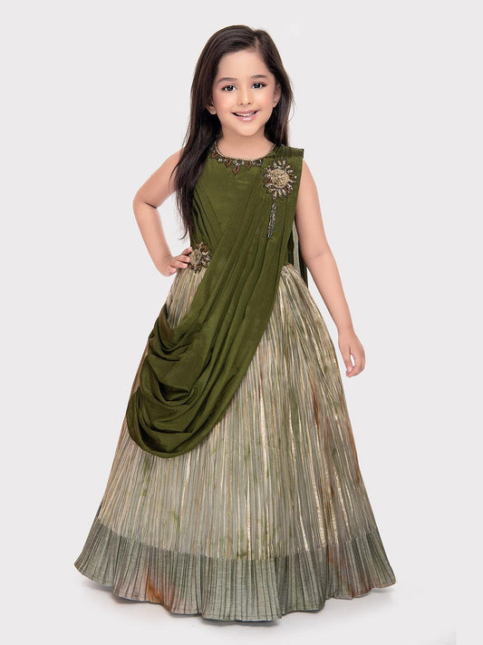 Green Coloured Simple Dupatta Style Ethnic Wear Gown For Girls \ Birthday Gown For Girls - Betty Ethnic India - Gown - Betty Girls Wear Online