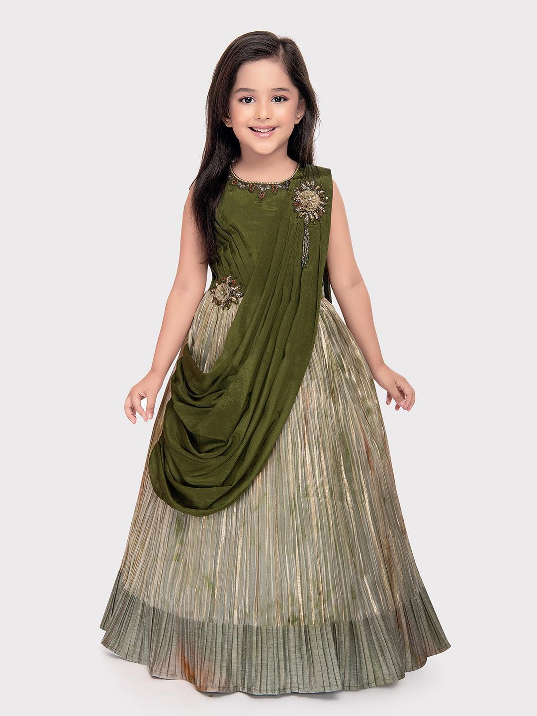 Green Coloured Simple Dupatta Style Ethnic Wear Gown For Girls \ Birthday Gown For Girls - Betty Ethnic India - Gown - Betty Girls Wear Online