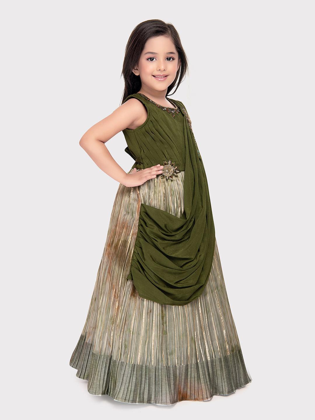 Green Coloured Simple Dupatta Style Ethnic Wear Gown For Girls \ Birthday Gown For Girls - Betty Ethnic India - Gown - Betty Girls Wear Online
