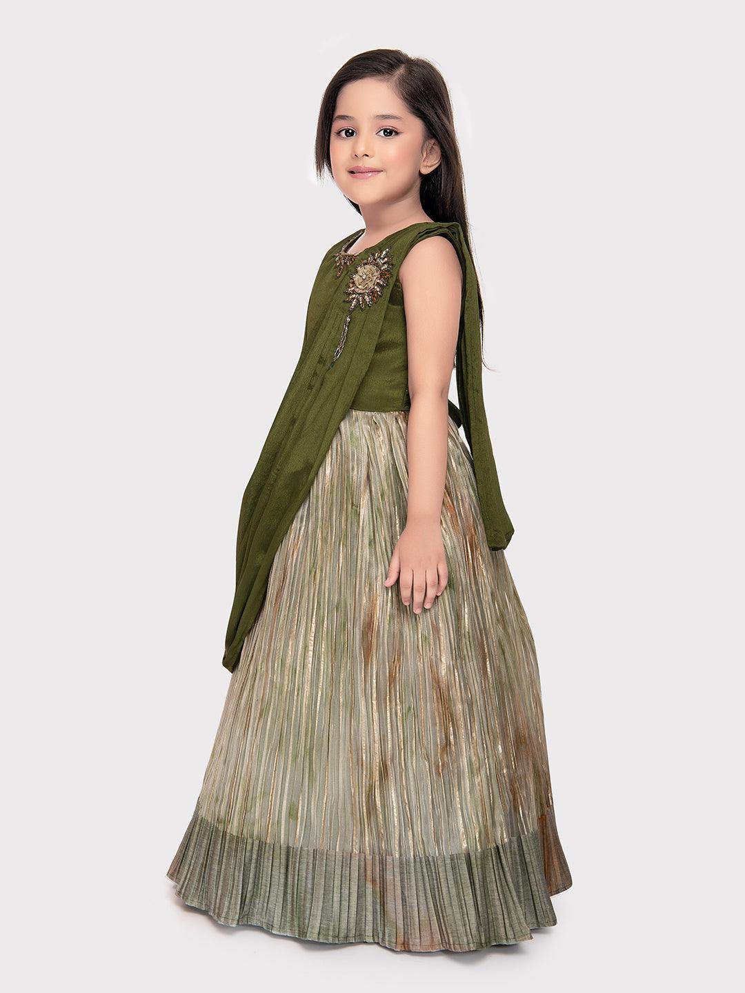 Green Coloured Simple Dupatta Style Ethnic Wear Gown For Girls \ Birthday Gown For Girls - Betty Ethnic India - Gown - Betty Girls Wear Online