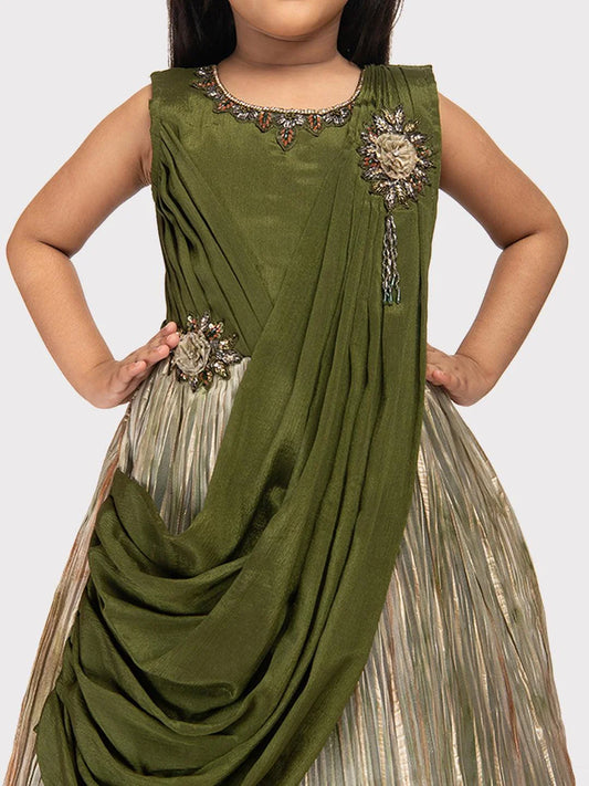 Green Coloured Simple Dupatta Style Ethnic Wear Gown For Girls \ Birthday Gown For Girls - Betty Ethnic India - Gown - Betty Girls Wear Online