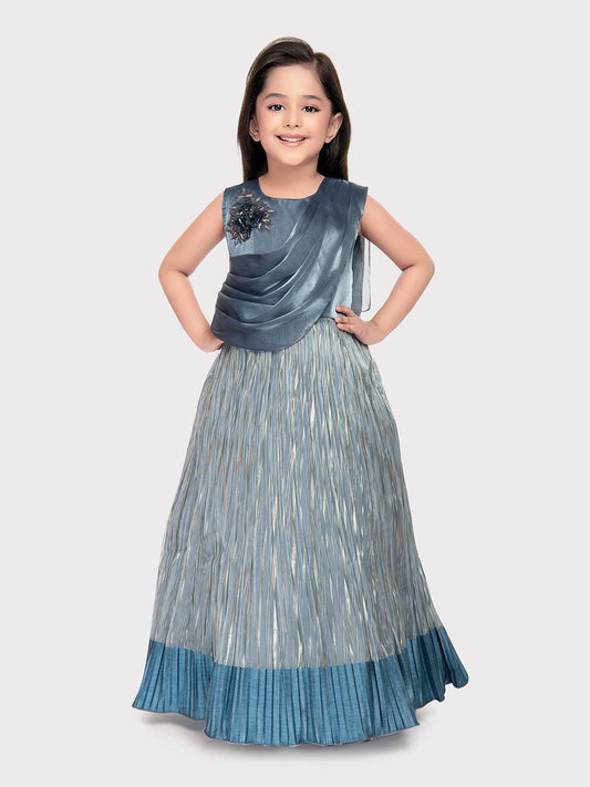 Gray Coloured Simple Attached Dupatta Style Ethnic Wear Gown For Girls - Betty Ethnic India - Gown - Betty Girls Wear Online