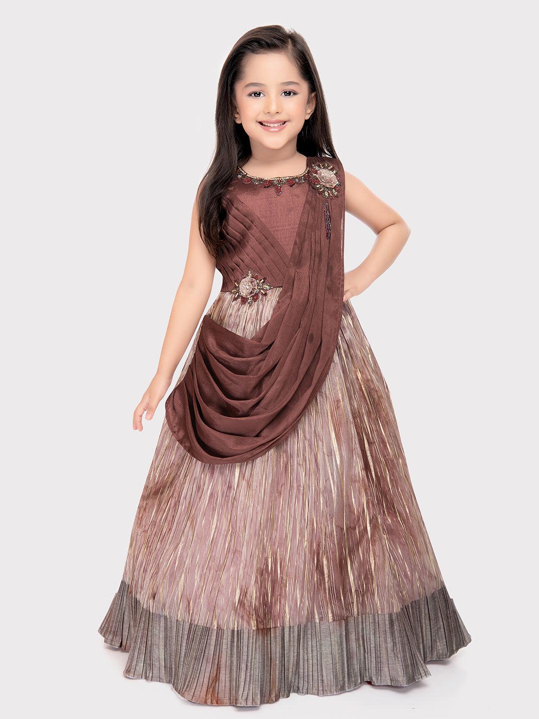 Brown Coloured Dupatta Style Ethnic Wear Gown For Girls \ Ethnic Gown For Girls - Betty Ethnic India - Gown - Betty Girls Wear Online