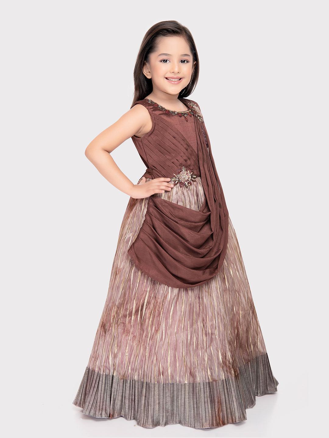 Brown Coloured Dupatta Style Ethnic Wear Gown For Girls \ Ethnic Gown For Girls - Betty Ethnic India - Gown - Betty Girls Wear Online