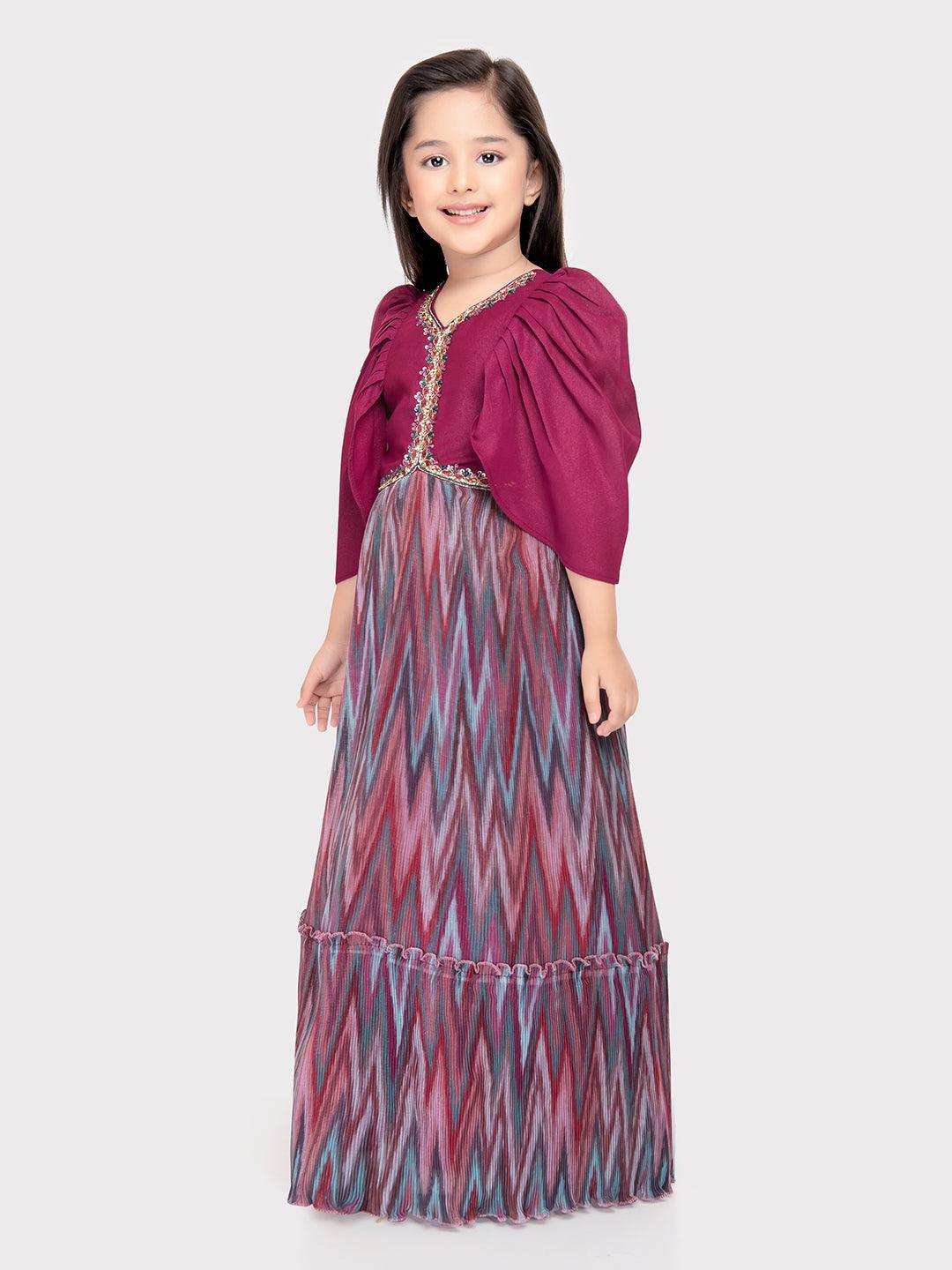 Magenta Coloured Butterfly Style Sleeves Hand Embroidery Fancy Gown For Girls - Betty Ethnic India - Gown - Betty Girls Wear Online