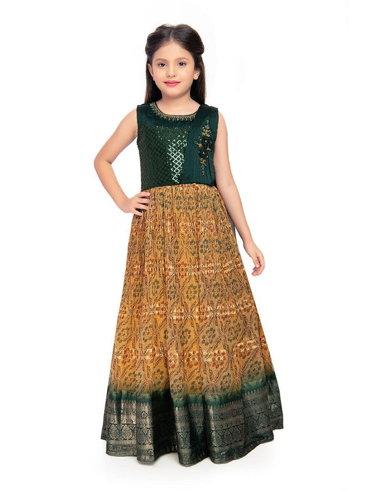 Green Coloured Sequin Top With Pleated Dupatta Style Gown For Girls - Betty Ethnic India - Gown - Betty Girls Wear Online