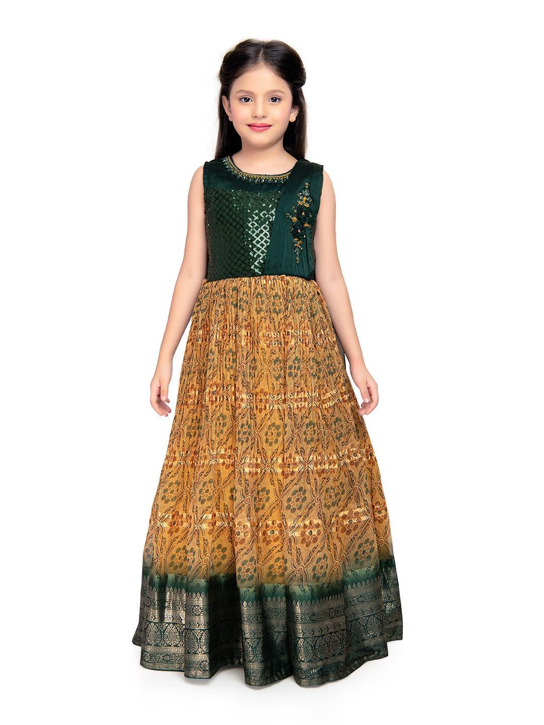 Green Coloured Sequin Top With Pleated Dupatta Style Gown For Girls - Betty Ethnic India - Gown - Betty Girls Wear Online