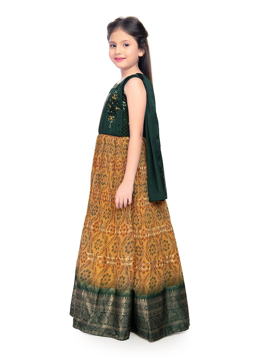 Green Coloured Sequin Top With Pleated Dupatta Style Gown For Girls - Betty Ethnic India - Gown - Betty Girls Wear Online