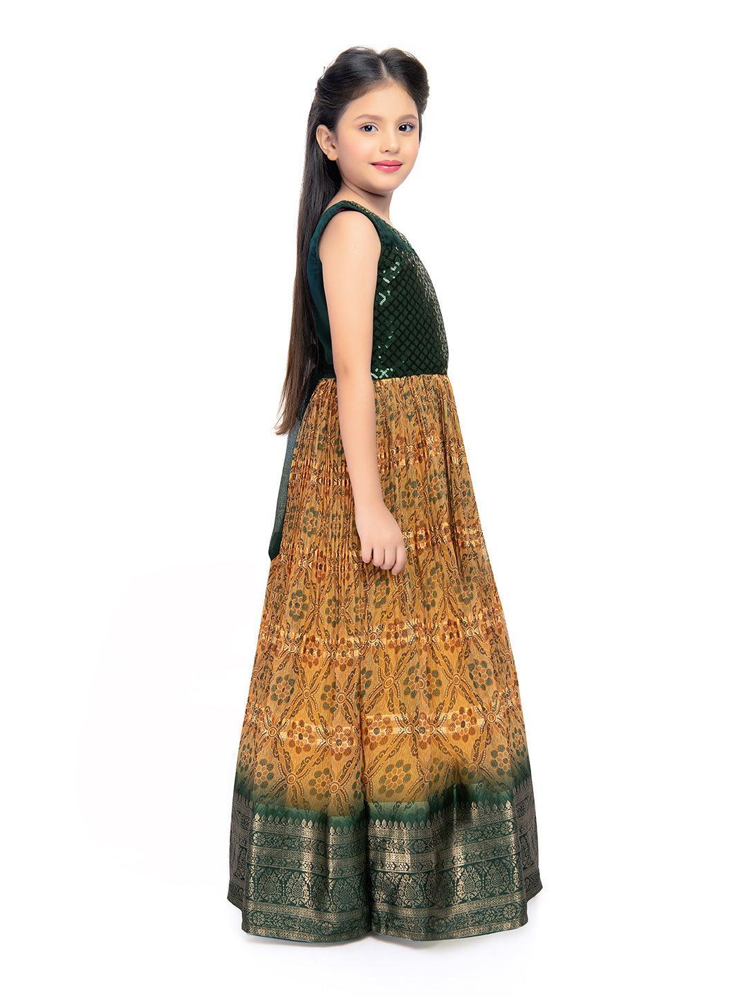 Green Coloured Sequin Top With Pleated Dupatta Style Gown For Girls - Betty Ethnic India - Gown - Betty Girls Wear Online