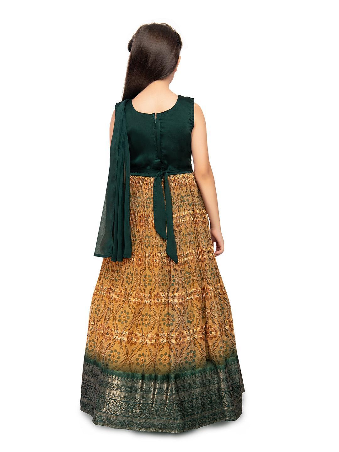 Green Coloured Sequin Top With Pleated Dupatta Style Gown For Girls - Betty Ethnic India - Gown - Betty Girls Wear Online