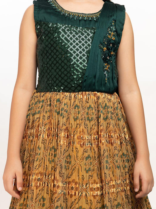 Green Coloured Sequin Top With Pleated Dupatta Style Gown For Girls - Betty Ethnic India - Gown - Betty Girls Wear Online