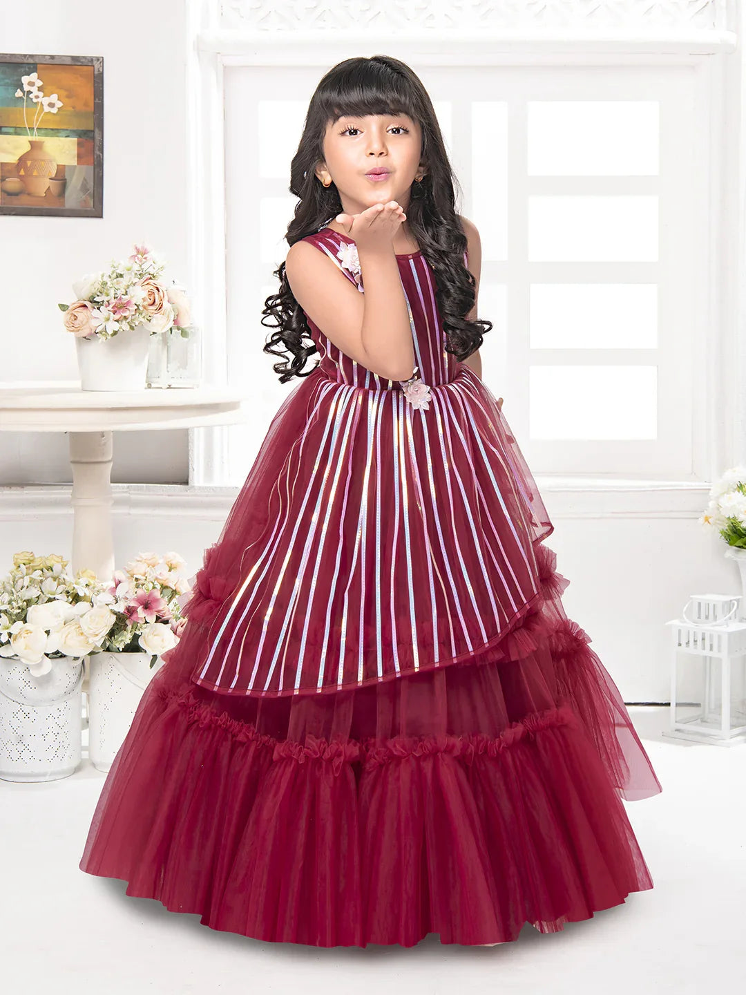Betty Maroon Striped Sleeveless Gown with Floral Appliqué – Girls' Party Dress (5–15 Years)
