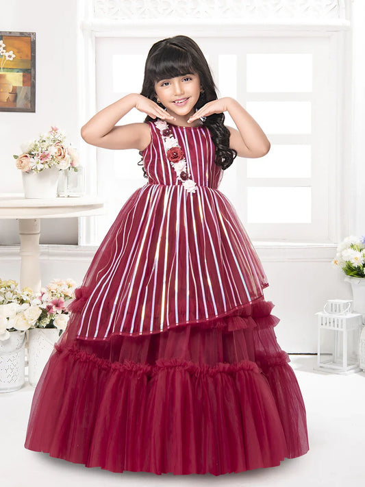 Betty Maroon Striped Sleeveless Gown with Floral Appliqué – Girls' Party Dress (5–15 Years)