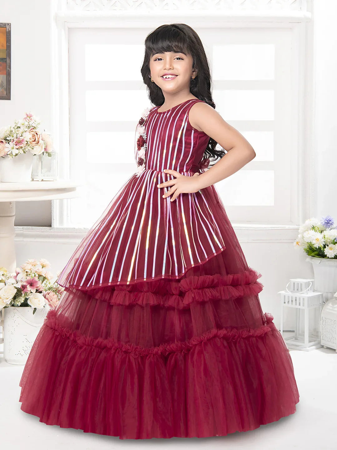 Betty Maroon Striped Sleeveless Gown with Floral Appliqué – Girls' Party Dress (5–15 Years)