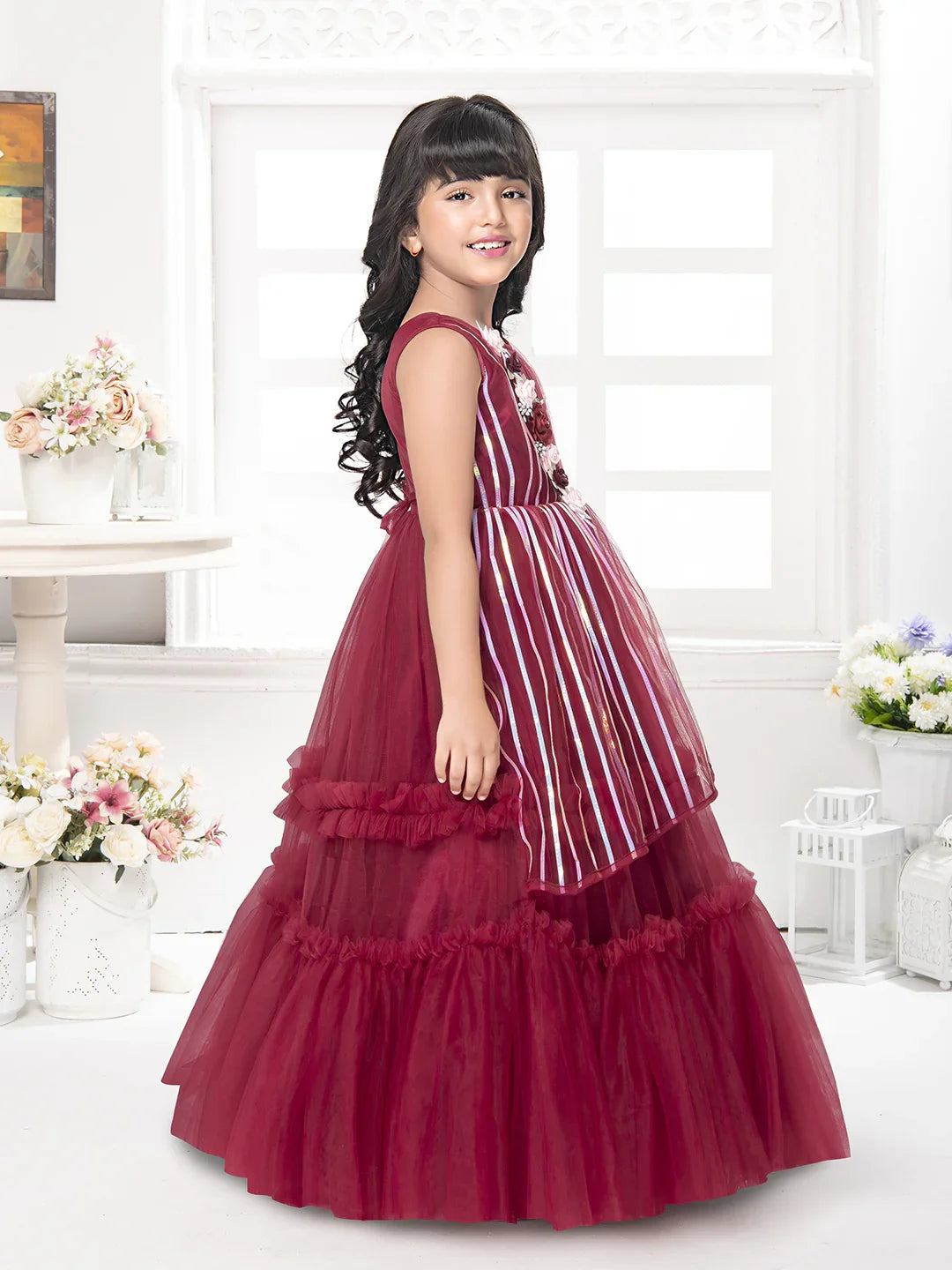 Betty Maroon Striped Sleeveless Gown with Floral Appliqué – Girls' Party Dress (5–15 Years)