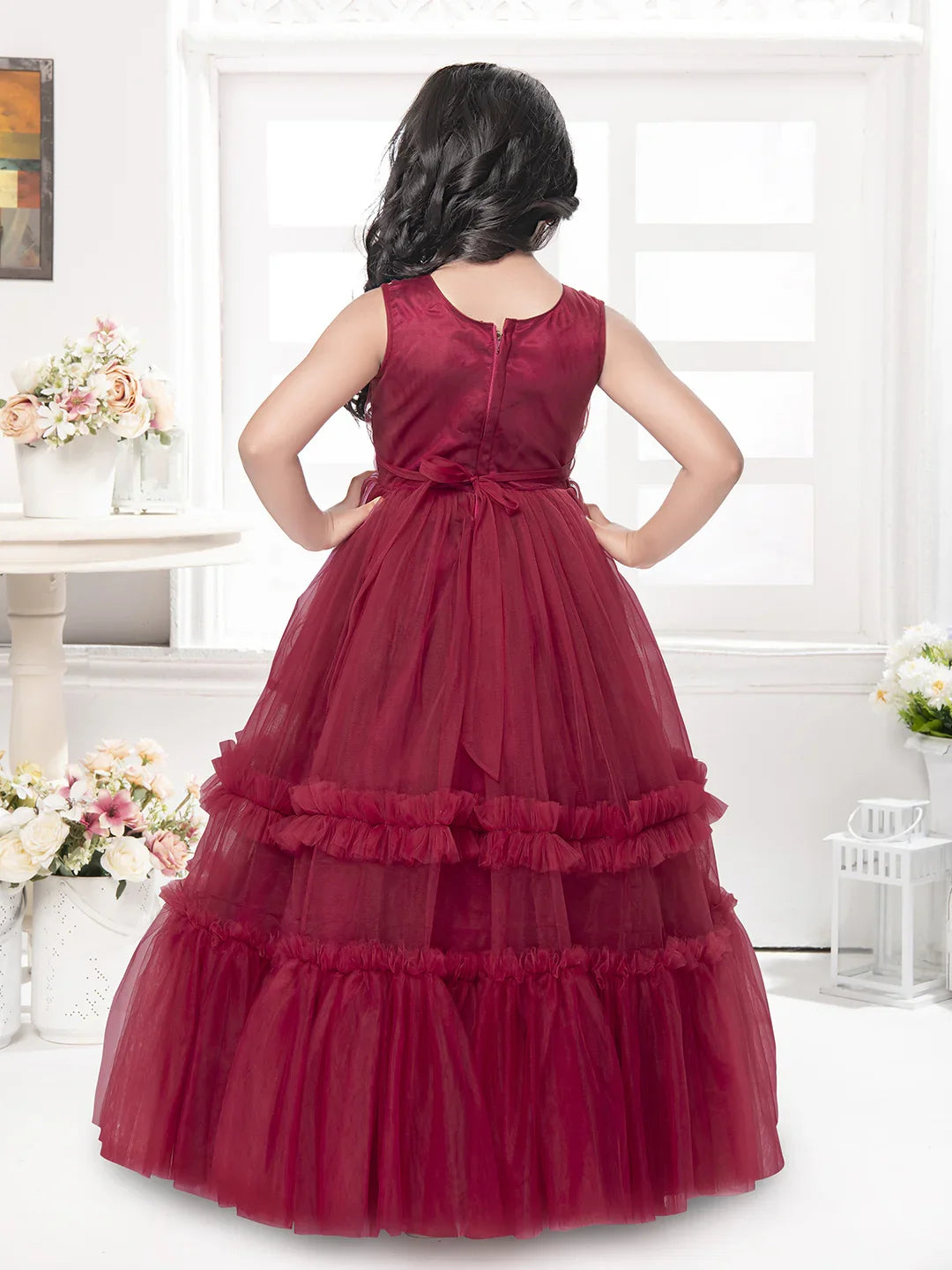 Betty Maroon Striped Sleeveless Gown with Floral Appliqué – Girls' Party Dress (5–15 Years)