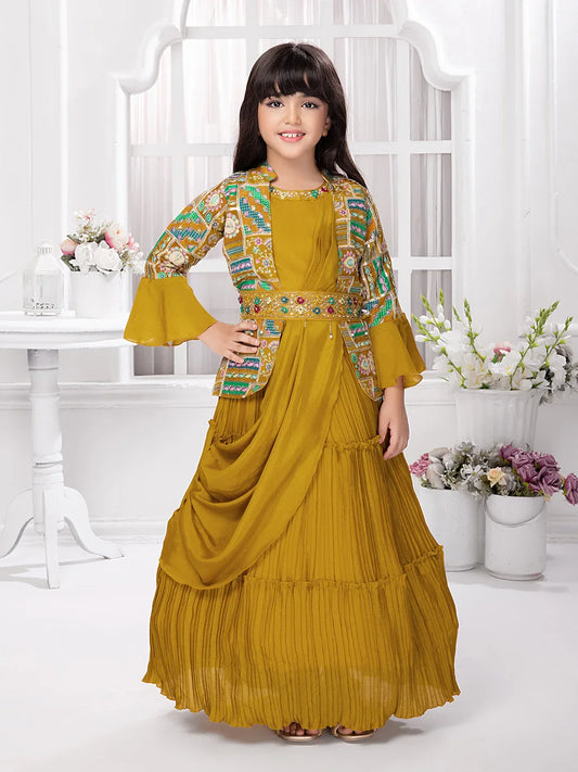 Mustard Gown Set with Embroidered Jacket & Belt – Girls' Ethnic Fusion Outfit